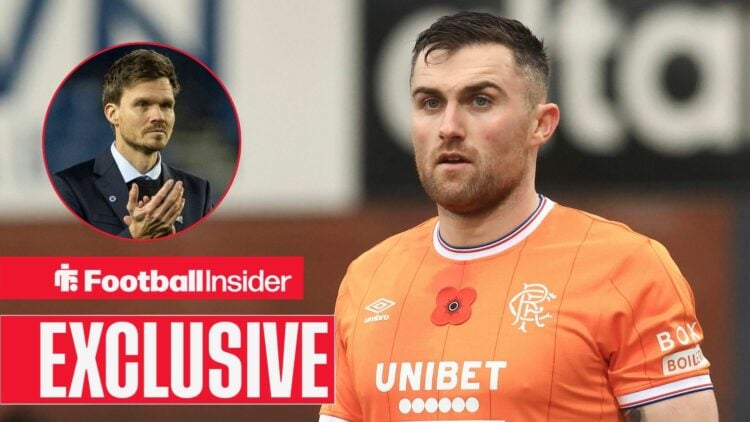 Football Insider exclusive as Rangers defender John Souttar looks towards manager Danny Rohl, who applauds in a circular inset.