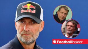 Jurgen Klopp in a Red Bull cap, with Todd Boehly and Jim Ratcliffe in circular insets