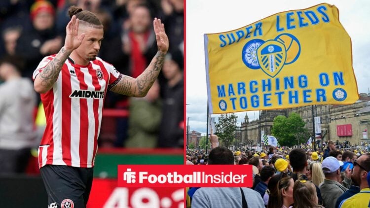 Kalvin Phillips raises his hands in apology during a game for Sheffield United, as Leeds fans wave flags on the other side of a split image.