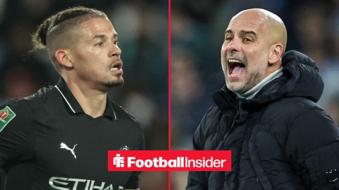 Kalvin Phillips in a Man City shirt alongside Pep Guardiola shouting