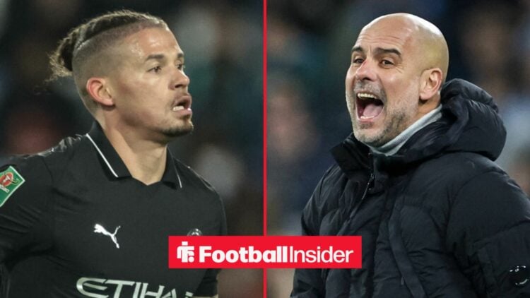 Kalvin Phillips in a Man City shirt alongside Pep Guardiola shouting