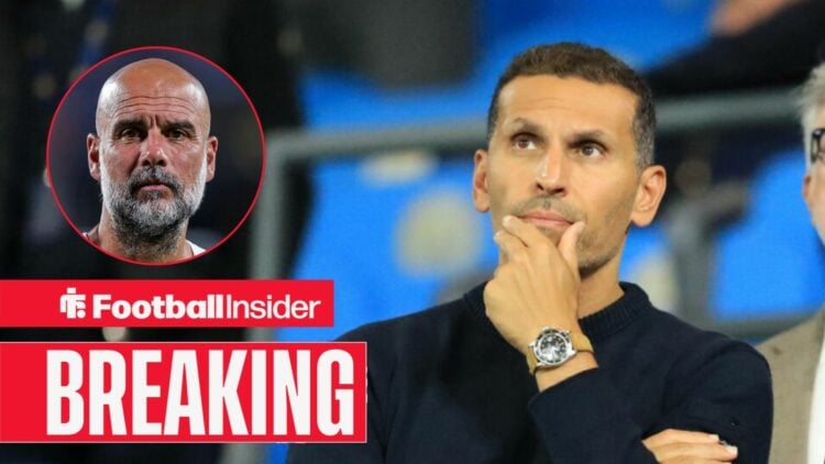 Khaldoon Al Mubarak in the stands at the Etihad, with Pep Guardiola in a circular inset