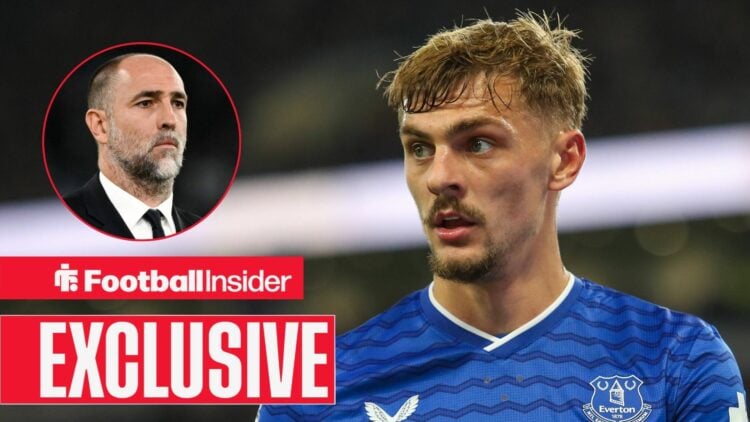 Football Insider exclusive as Everton midfielder Kiernan Dewsbury-Hall glances towards Tottenham interim manager Igor Tudor, who watches from a cir...