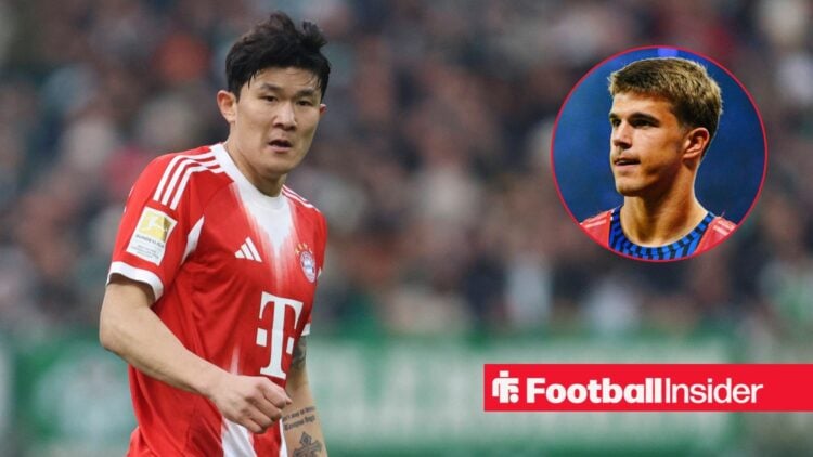 Bayern Munich defender Kim Min-Jae in action, as Tottenham defender Luka Vuskovic watches from a circular inset.