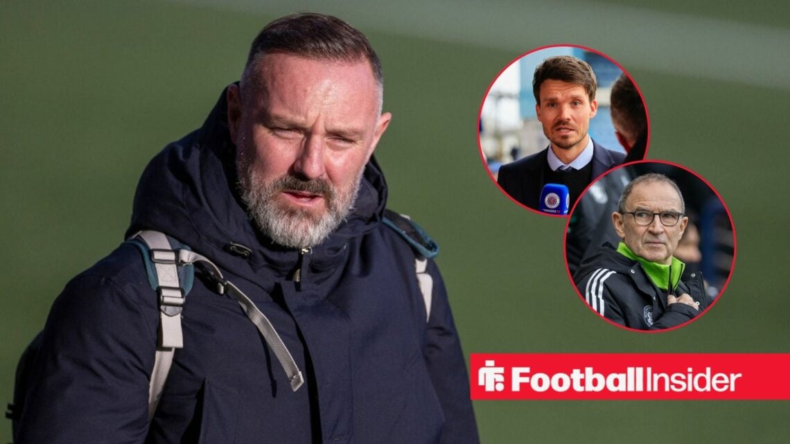 Ex-Rangers striker Kris Boyd stares towards a pair of circular insets, which feature Rangers manager Danny Rohl and Celtic boss Martin O'Neill.