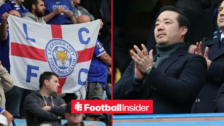 Leicester City fans hold up a flag in the stands, as owner Aiyawatt Srivaddhanaprabha applauds in the right half of a split image.