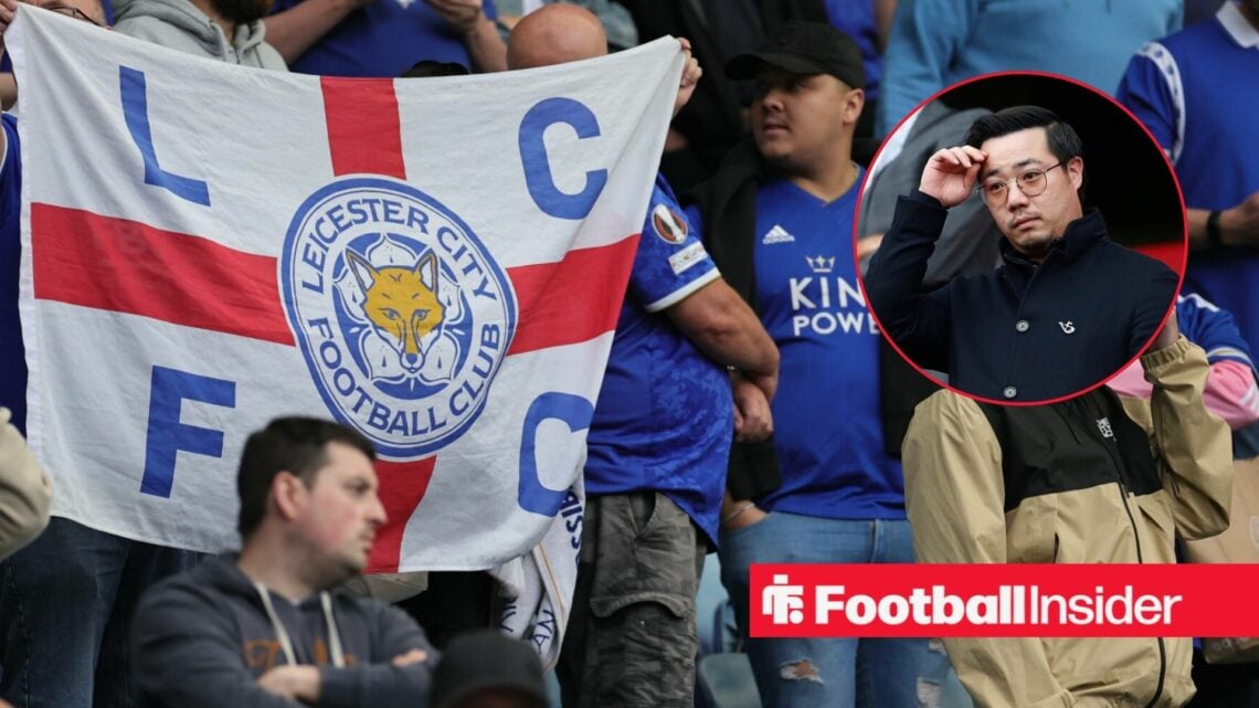 Leicester City fans in the stands as owner Aiyawatt Srivaddhanaprabha scratches his head in a circular inset.