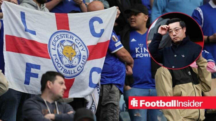 Leicester City fans in the stands as owner Aiyawatt Srivaddhanaprabha scratches his head in a circular inset.