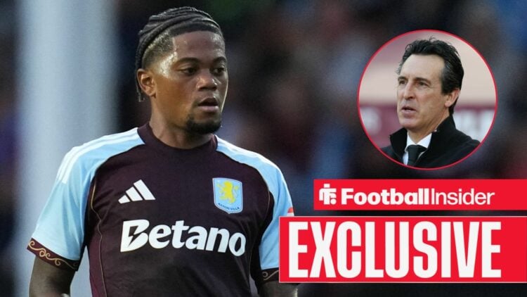 Football Insider exclusive as Leon Bailey is in action for Aston Villa, while manager Unai Emery looks concerned in a circular inset.