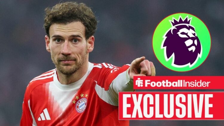 Football Insider exclusive as Bayern Munich midfielder Leon Goretzka points towards the Premier League logo, which features in a circular inset.