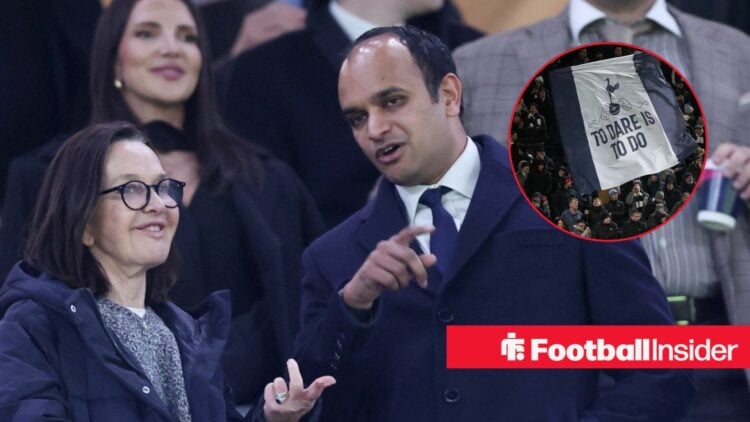 Tottenham chief executive Vinai Venkatesham points in the stands as the fans wave a flag in a circular inset.