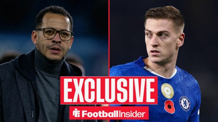 Football Insider exclusive as Chelsea manager Liam Rosenior glances across a split image at striker Liam Delap, who looks over his shoulder during ...