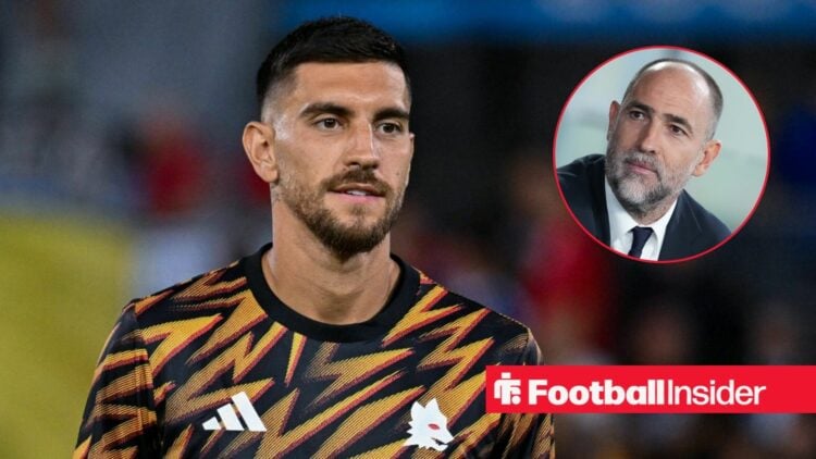 Roma midfielder Lorenzo Pellegrini smiles towards Tottenham interim manager Igor Tudor, who features in a circular inset.