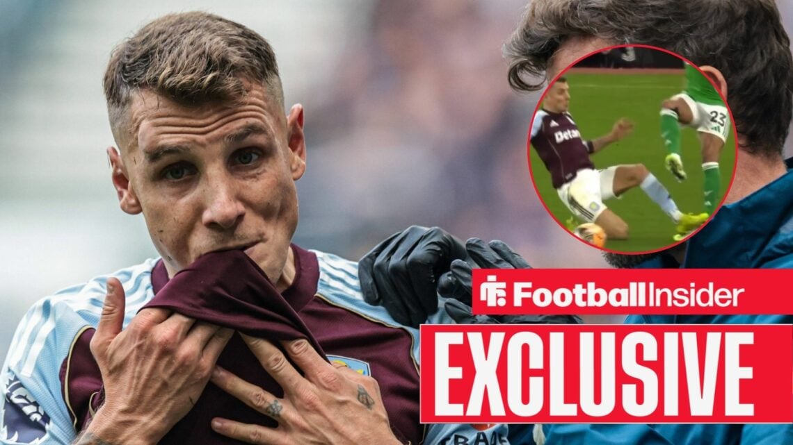 Lucas Digne of Aston Villa receives treatment during the Premier League match Everton vs Aston Villa at Hill Dickinson Stadium, Liverpool, United K...