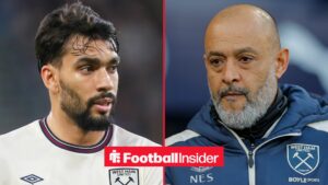 Lucas Paqueta in a West Ham shirt alongside Nuno Espirito Santo in a West Ham training jacket