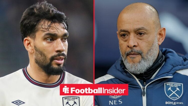 Lucas Paqueta in a West Ham shirt alongside Nuno Espirito Santo in a West Ham training jacket