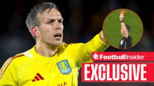 Aston Villa FC goalkeeper Marco Bizot during the match SC Feyenoord Rotterdam vs Aston Villa FC at the Stadium De Kuip, Chris Kavanagh showing a red card in a circular inset
