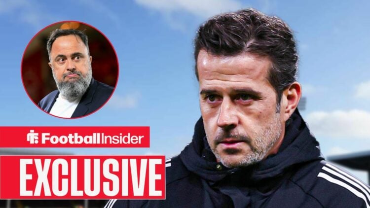 Football Insider exclusive as Fulham mamager Marco Silva looks towards Nottingham Forest owner Evangelos Marinakis, who watches from a circular inset.