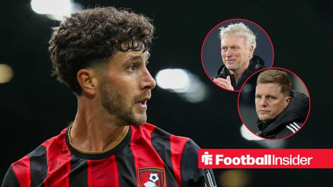 Bournemouth defender Marcos Senesi stares towards a pair of circular insets, which feature Everton manager David Moyes and Newcastle boss Eddie Howe.