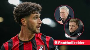 Bournemouth defender Marcos Senesi stares towards a pair of circular insets, which feature Everton manager David Moyes and Newcastle boss Eddie Howe.