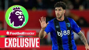 Football Insider exclusive as Bournemouth defender Marcos Senesi raises his hand during a game, while the Premier League logo features in a circular inset.