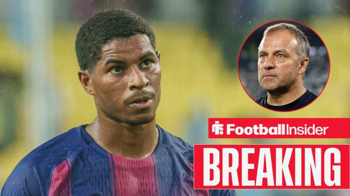 Marcus Rashford in action for Barcelona, with Hansi Flick in a circular inset