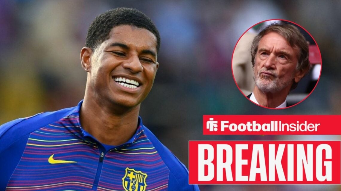 Marcus Rashford smiling at Barcelona, with Sir Jim Ratcliffe in a circular inset