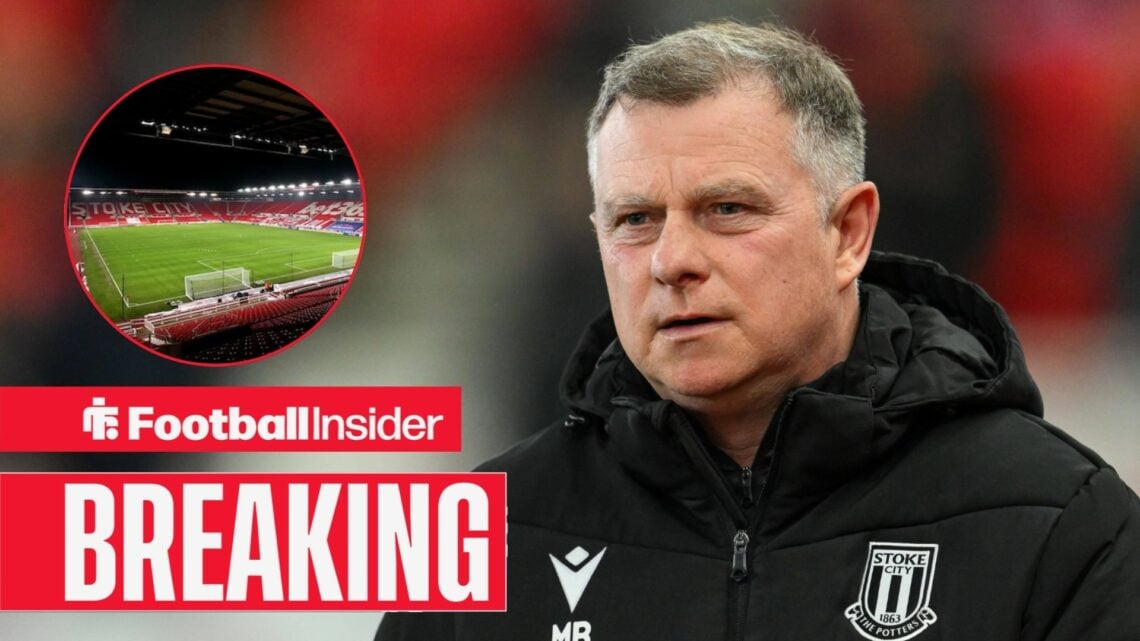 Mark Robins on the sidelines at Stoke, with the Bet365 Stadium in a circular inset