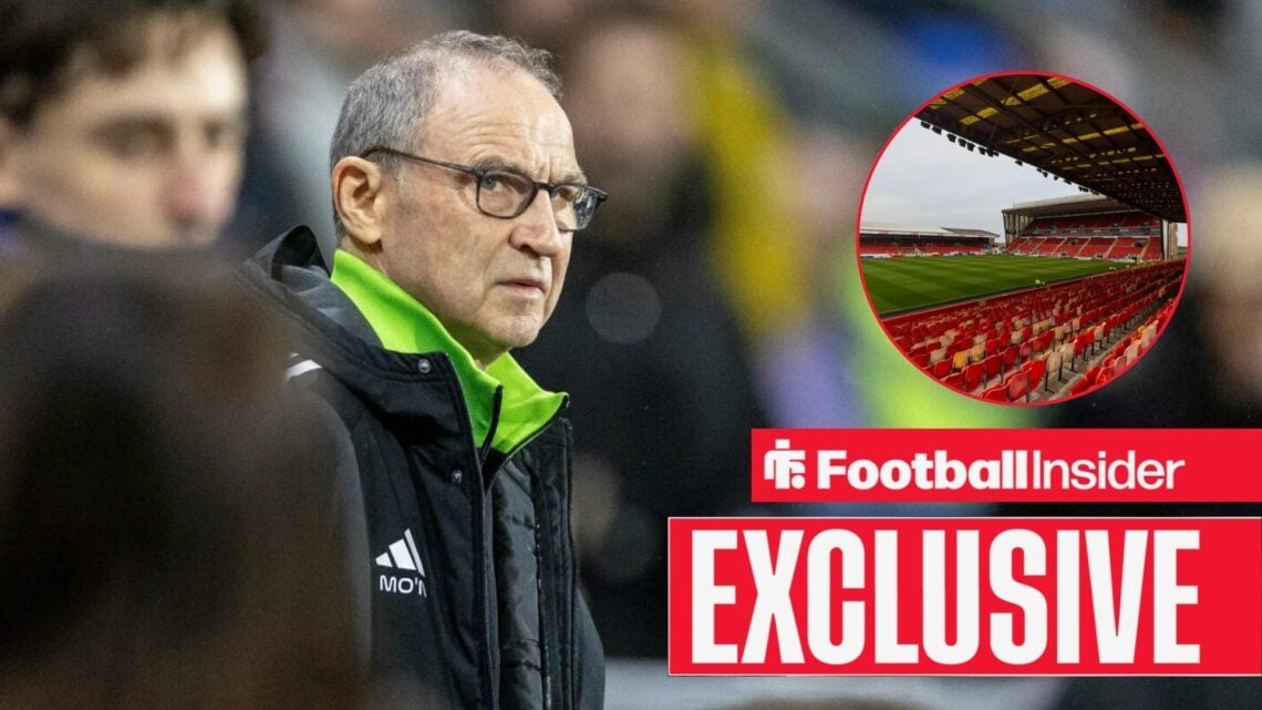 Football Insider exclusive as Celtic manager Martin O'Neill scowls towards Aberdeen's Pittodrie Stadium, which features in a circular inset.