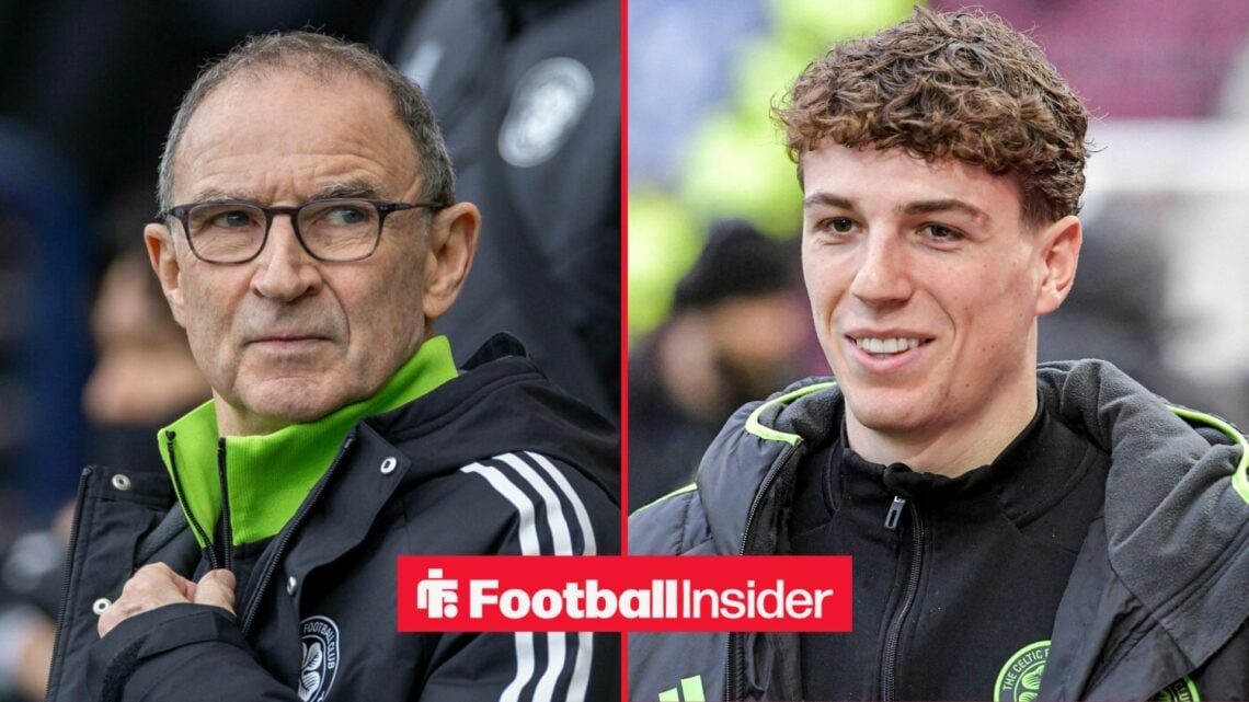 Martin O'Neill in a Celtic jacket alongside Arne Engels smiling