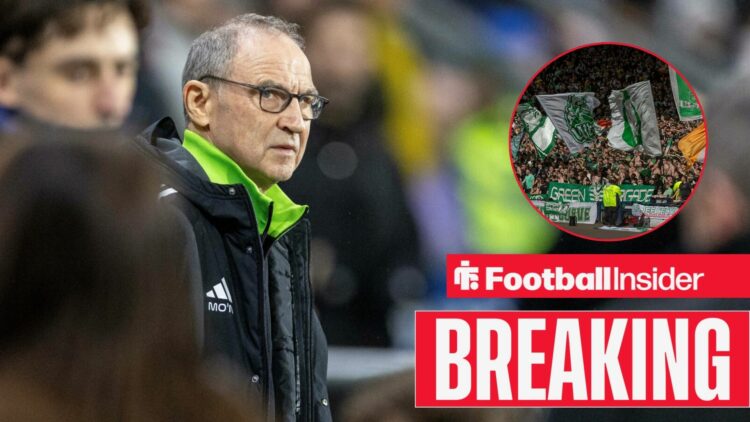 Breaking news as Martin O'Neill looks towards Celtic fans, who feature in a circular inset.