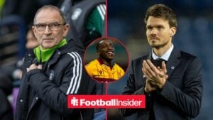 Celtic manager Martin O'Neill and Rangers boss Danny Rohl feature on either side of Tawanda Maswanhise.