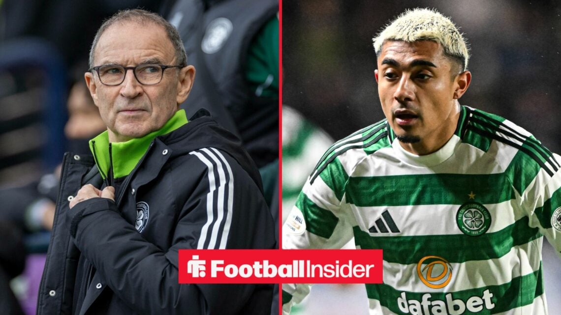 Celtic manager Martin O'Neill glances across a split image towards Julian Araujo, who is in action during a game.