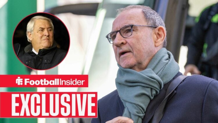 Football Insider exclusive as Celtic manager Martin O'Neill steps off the team bus, while Keith Hackett features in a circular inset.