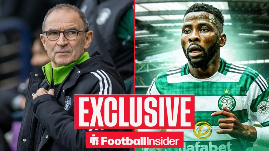 Football Insider exclusive as Celtic manager Martin O'Neill glances across a split image towards Kelechi Iheanacho, who is in action in the right h...