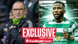 Football Insider exclusive as Celtic manager Martin O'Neill glances across a split image towards Kelechi Iheanacho, who is in action in the right half of the image.
