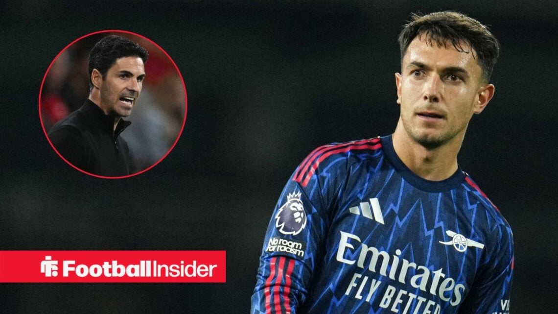 Martin Zubimendi playing for Arsenal in 2025-26, Mikel Arteta in a circular inset