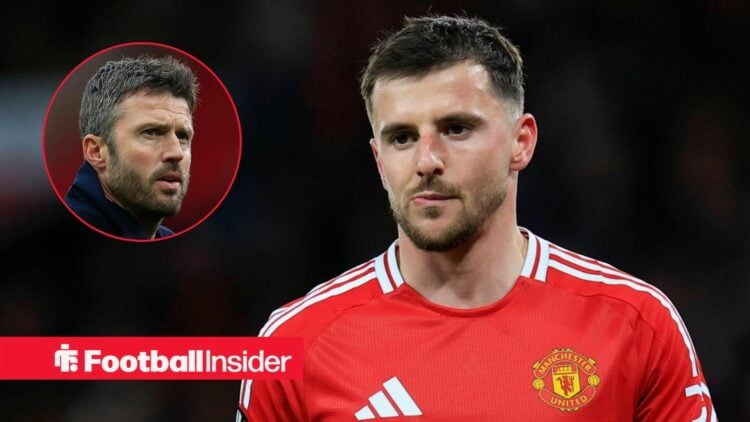 Mason Mount in action for Man United, with Michael Carrick in a circular inset