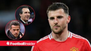 Mason Mount in action for Man United, with Unai Emery and Marco Silva in circular insets