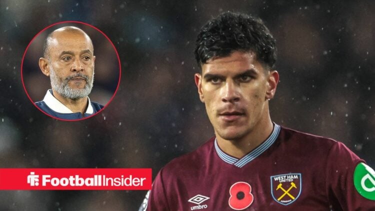 Mateus Fernandes in action for West Ham, with Nuno Espirito Santo in a circular inset