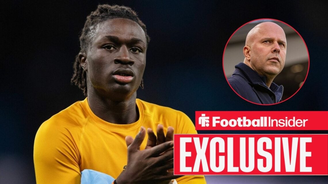 Football Insider exclusive as Wolves youngster Mateus Mane applauds after a game, while Liverpool manager Arne Slot watches from a circular inset.