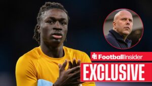 Football Insider exclusive as Wolves youngster Mateus Mane applauds after a game, while Liverpool manager Arne Slot watches from a circular inset.
