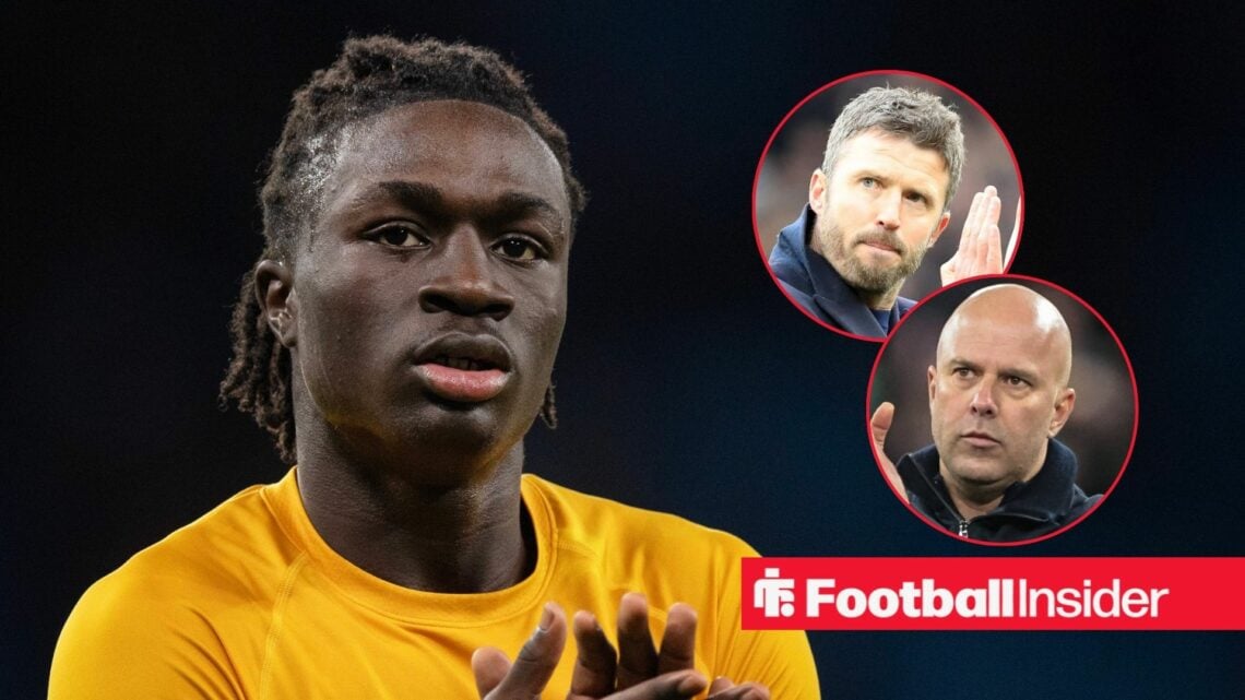 Mateus Mane post-match at Wolves, with Michael Carrick and Arne Slot in circular insets
