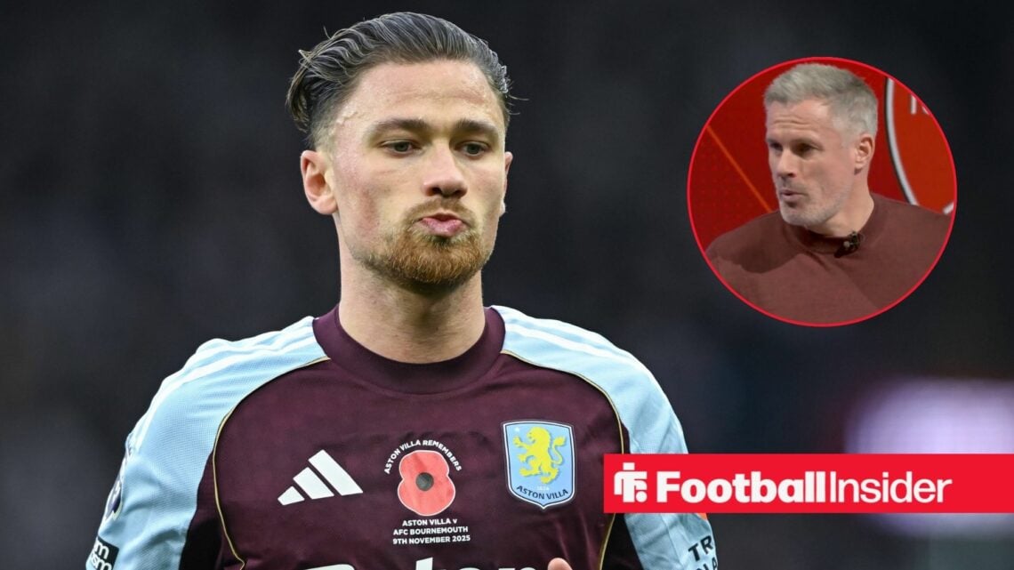 Matty Cash in action during a game for Aston Villa, as Jamie Carragher watches from a circular inset.
