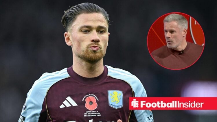 Matty Cash in action during a game for Aston Villa, as Jamie Carragher watches from a circular inset.