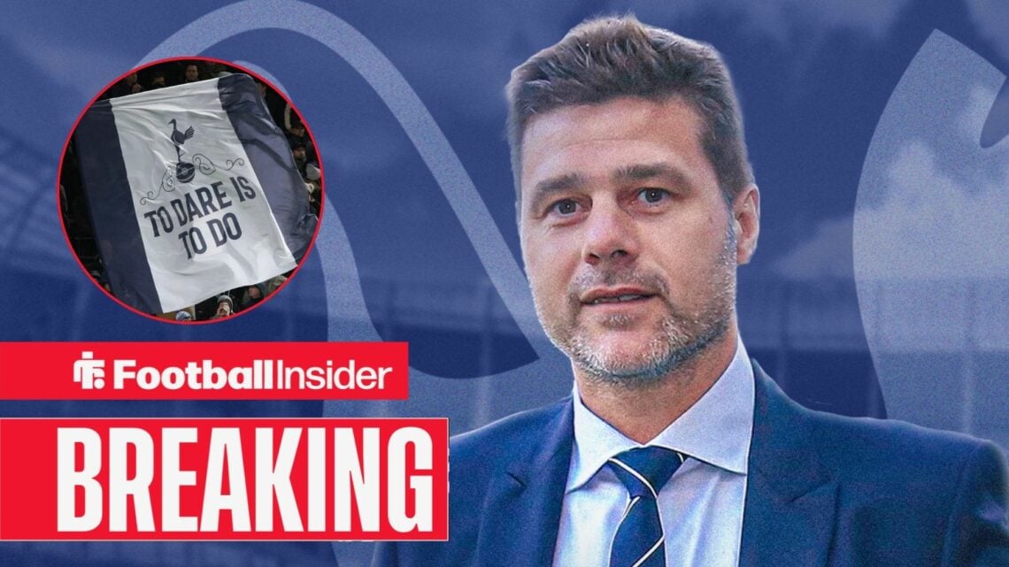 Mauricio Pochettino in a suit at Tottenham, with a fan banner in a circular inset