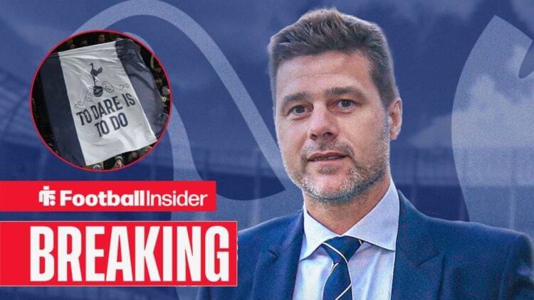 Mauricio Pochettino in a suit at Tottenham, with a fan banner in a circular inset