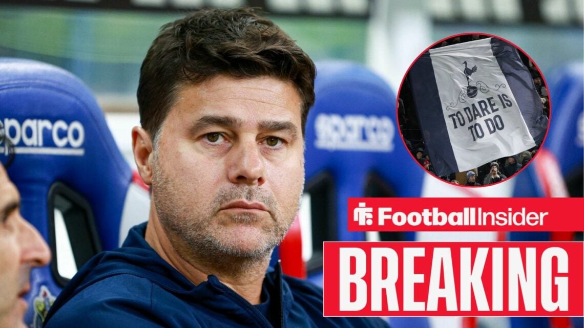 Mauricio Pochettino looks towards a circular inset, where Tottenham fans wave a giant flag.