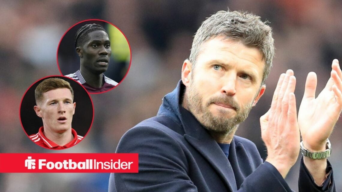 Michael Carrick applauding at Man United, with Amadou Onana and Elliot Anderson in a circular inset