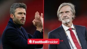 Michael Carrick on the sidelines for Man United with Jim Ratcliffe on the sidelines